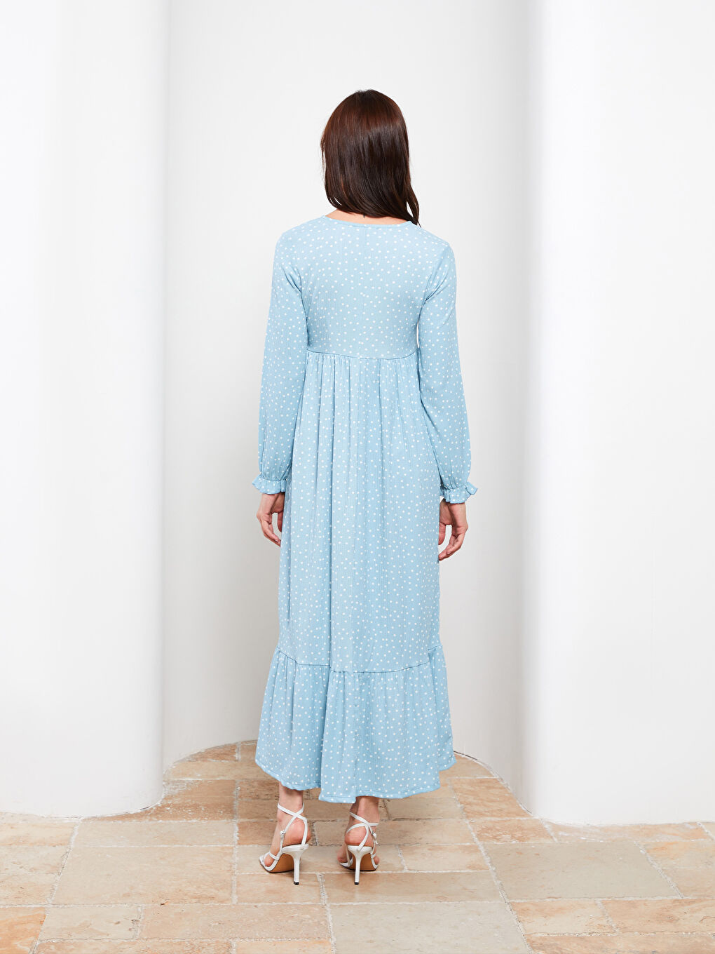 Turkuaz Bağlamalı Yaka Puantiyeli Uzun Kollu Krinkle Hamile Elbise-4