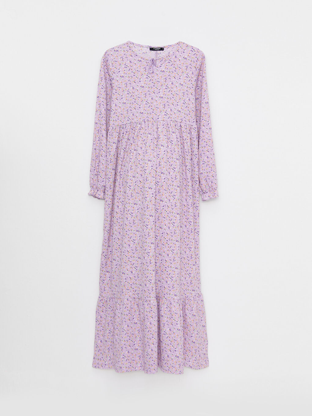 Tie Collar Patterned Long Sleeve Crinkled Maternity Dress-5