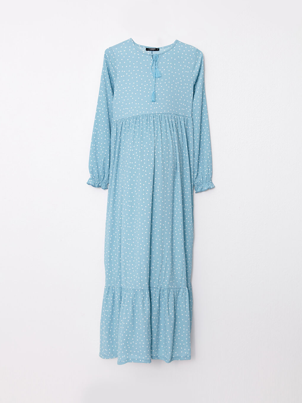 Turkuaz Bağlamalı Yaka Puantiyeli Uzun Kollu Krinkle Hamile Elbise-5