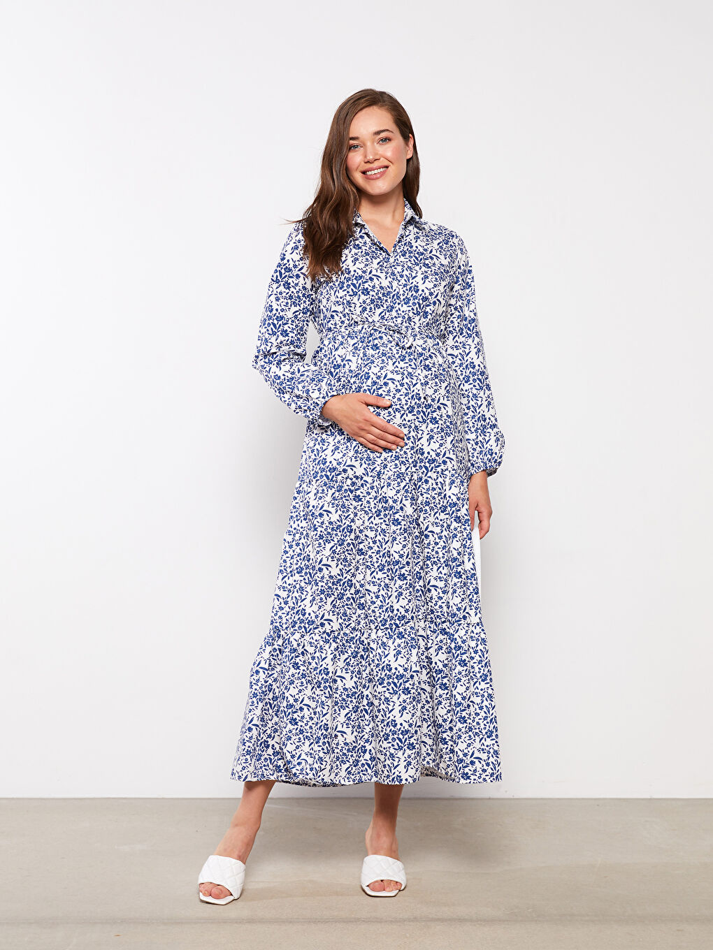 Mavi Gömlek Yaka Çiçekli Uzun Kollu Hamile Elbise-1