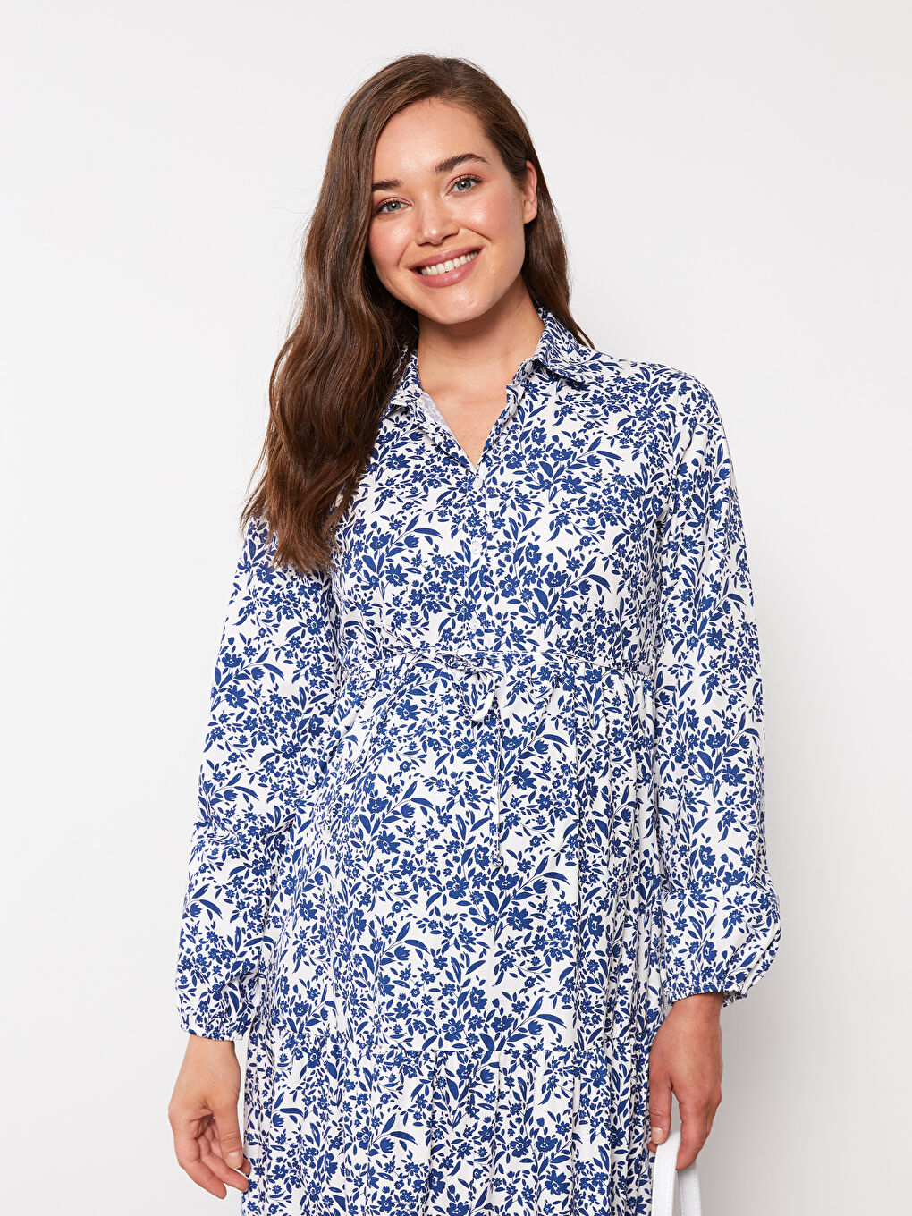 Mavi Gömlek Yaka Çiçekli Uzun Kollu Hamile Elbise-2