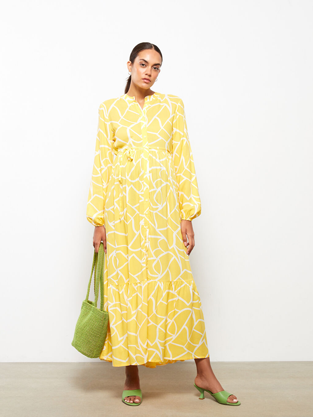 Sarı Hakim Yaka Desenli Uzun Kollu Viskon Hamile Elbise