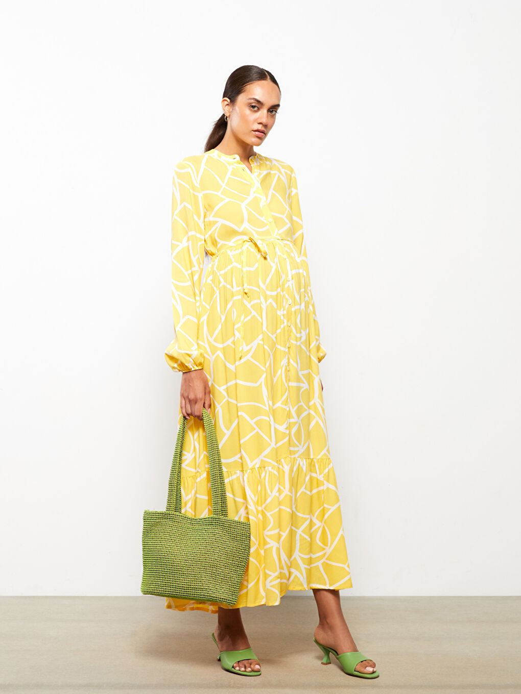 Sarı Hakim Yaka Desenli Uzun Kollu Viskon Hamile Elbise-1