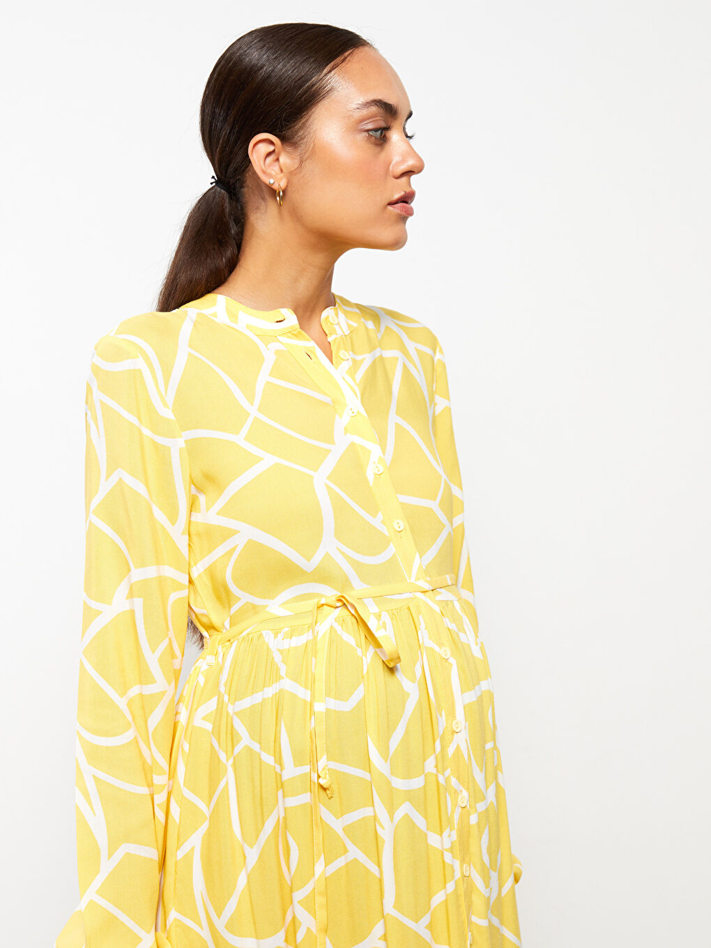 Sarı Hakim Yaka Desenli Uzun Kollu Viskon Hamile Elbise-2