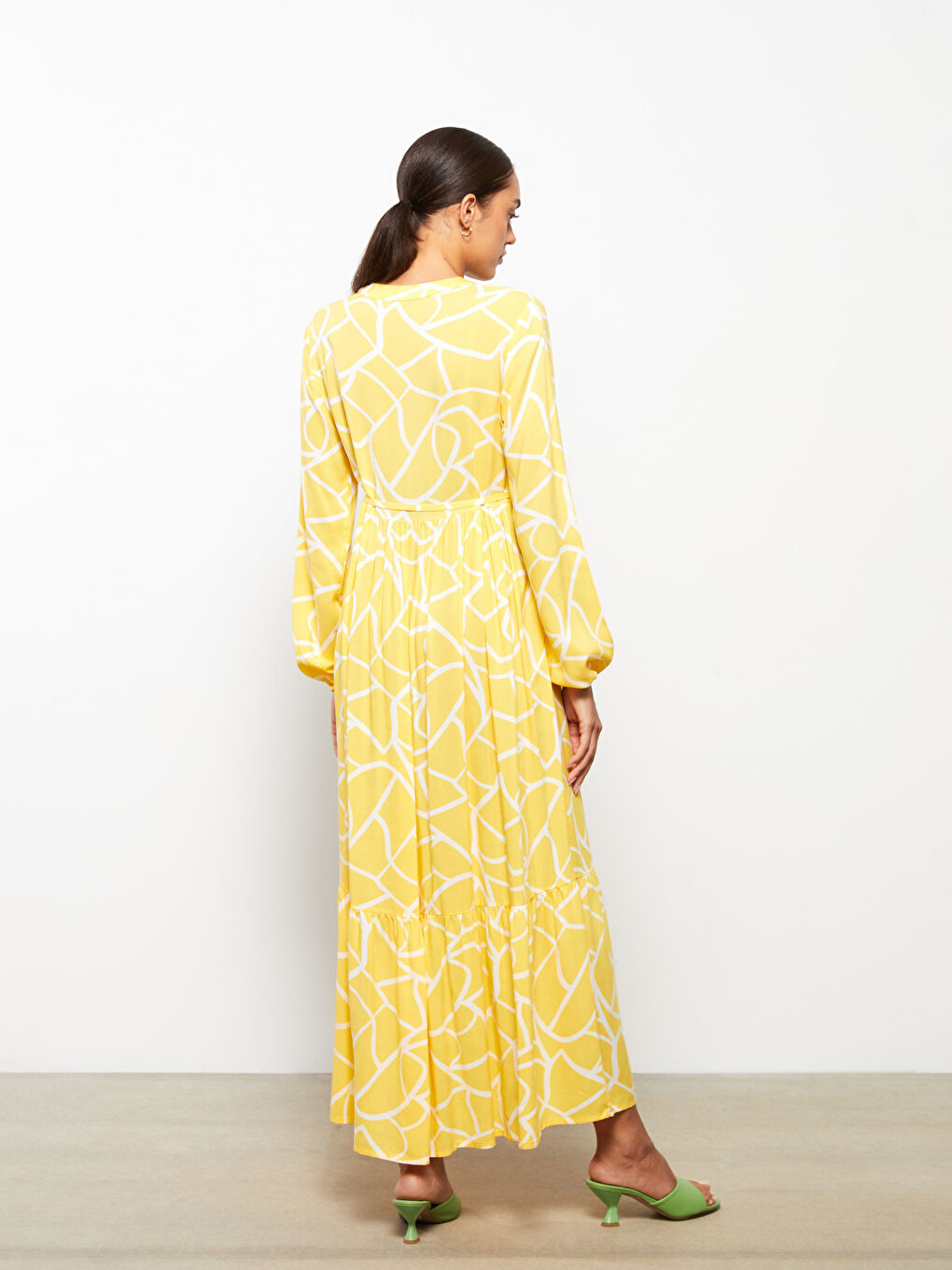 Sarı Hakim Yaka Desenli Uzun Kollu Viskon Hamile Elbise-4