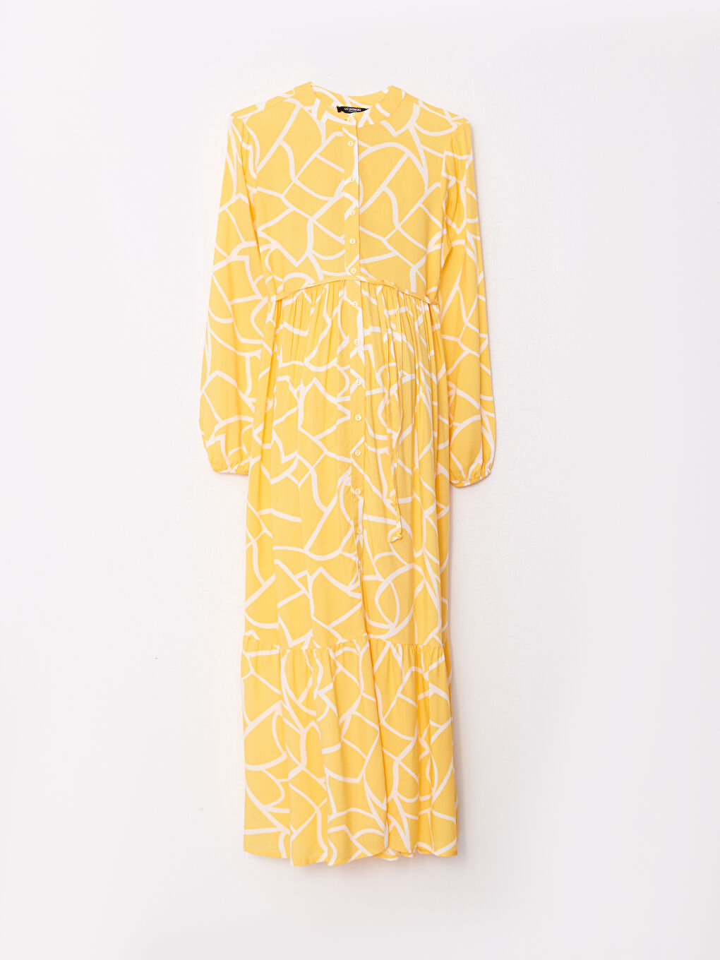 Sarı Hakim Yaka Desenli Uzun Kollu Viskon Hamile Elbise-5