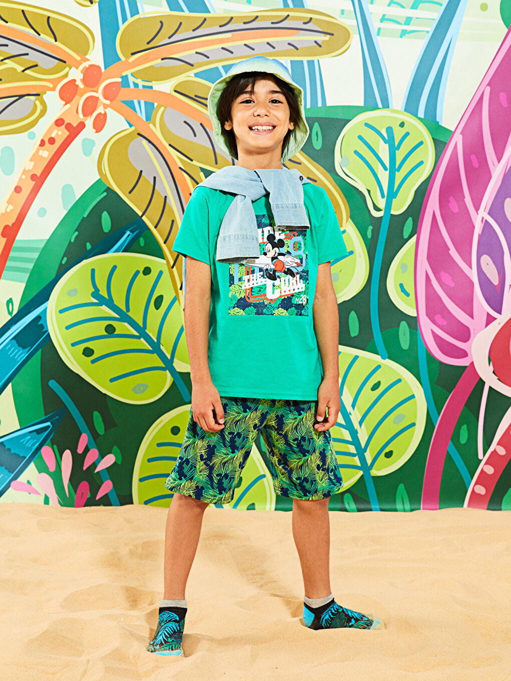 Lacivert Bisiklet Yaka Mickey Mouse Baskılı Kısa Kollu Erkek Çocuk Şortlu Pijama Takımı