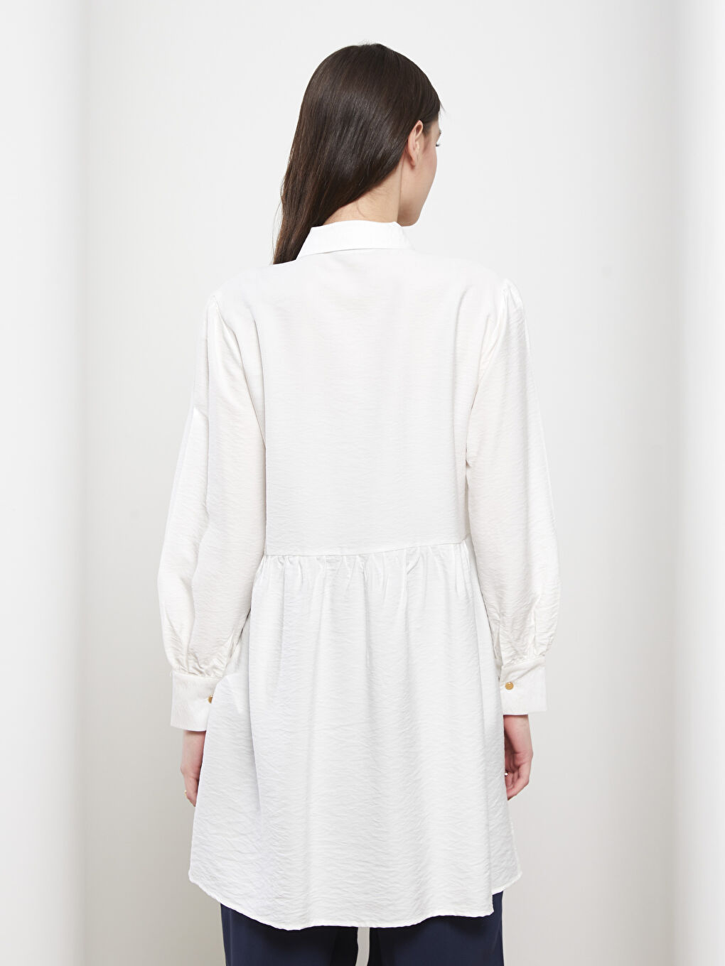 Beyaz Düz Uzun Kollu Kadın Gömlek Tunik-4