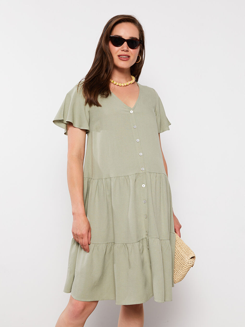 Платье для беременных с V-образным вырезом, однотонное, с коротким рукавом