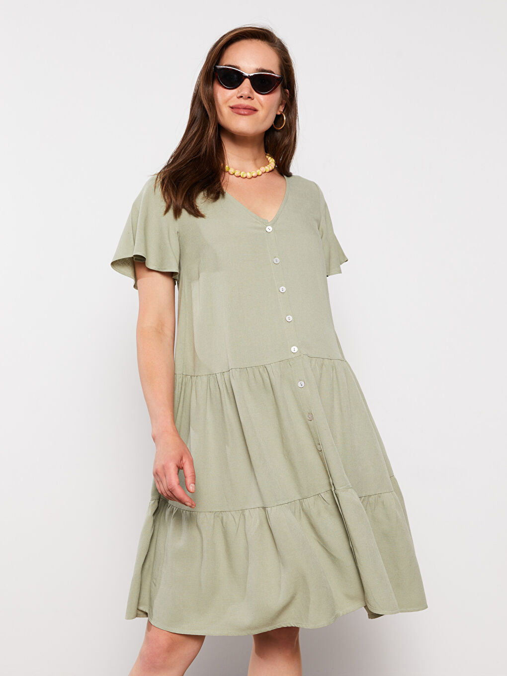 Платье для беременных с V-образным вырезом, однотонное, с коротким рукавом-2