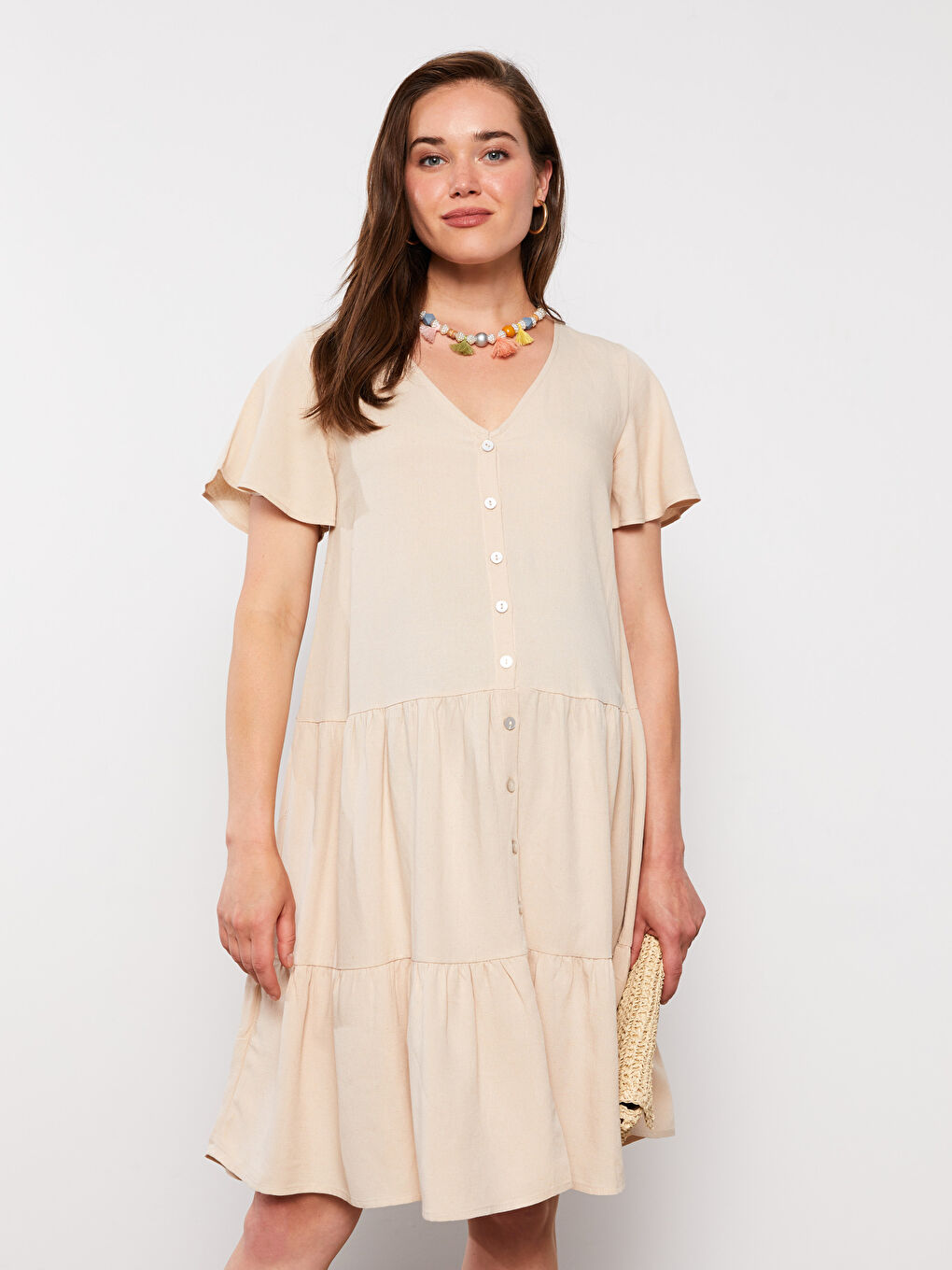 Bej V Yaka Düz Kısa Kollu Hamile Elbise-1