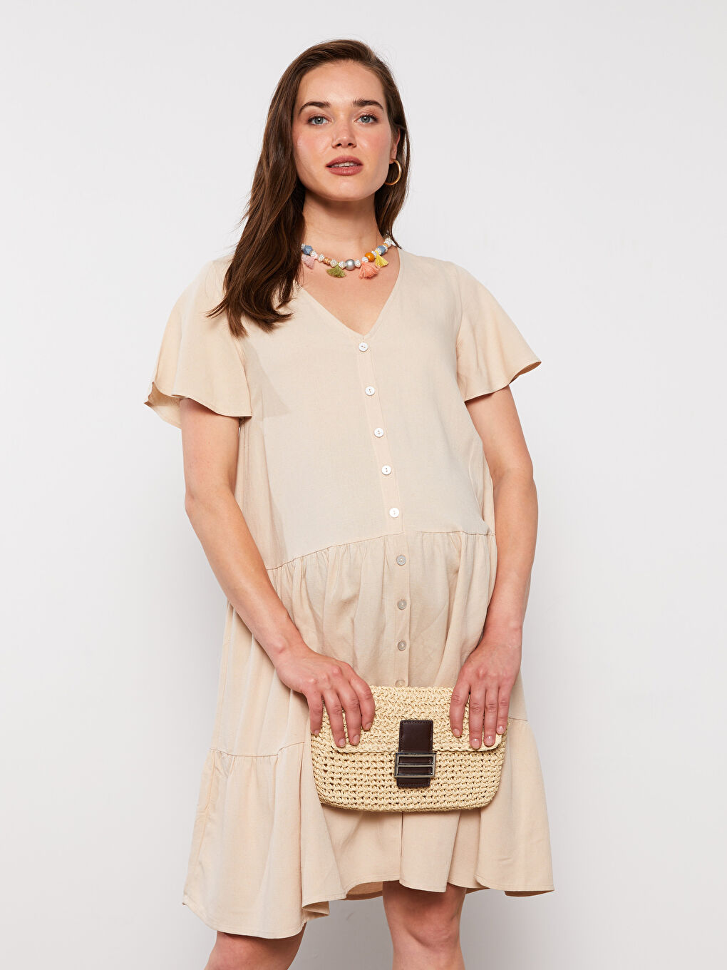 Bej V Yaka Düz Kısa Kollu Hamile Elbise-2