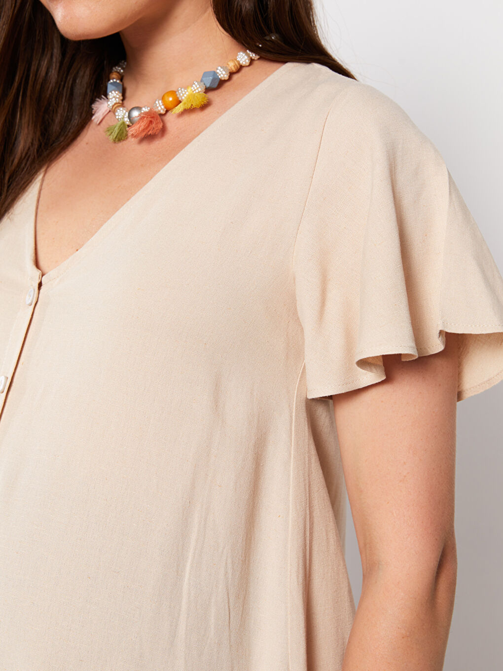 Bej V Yaka Düz Kısa Kollu Hamile Elbise-3