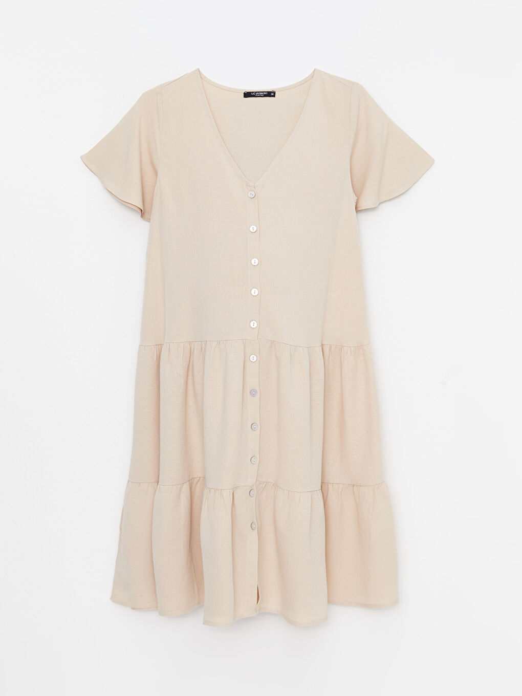 Bej V Yaka Düz Kısa Kollu Hamile Elbise-5