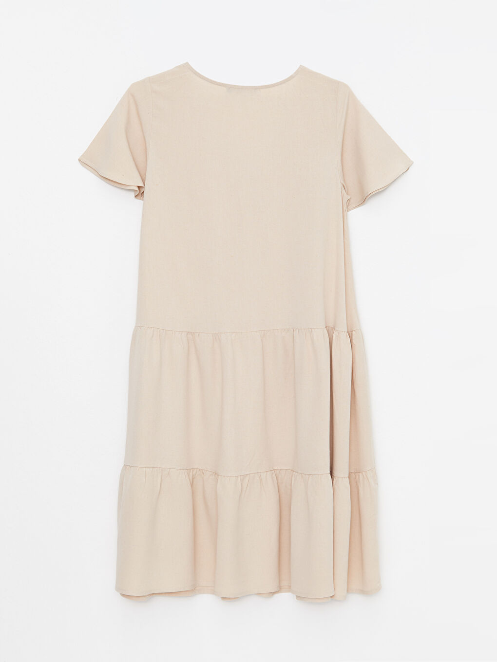 Bej V Yaka Düz Kısa Kollu Hamile Elbise-6