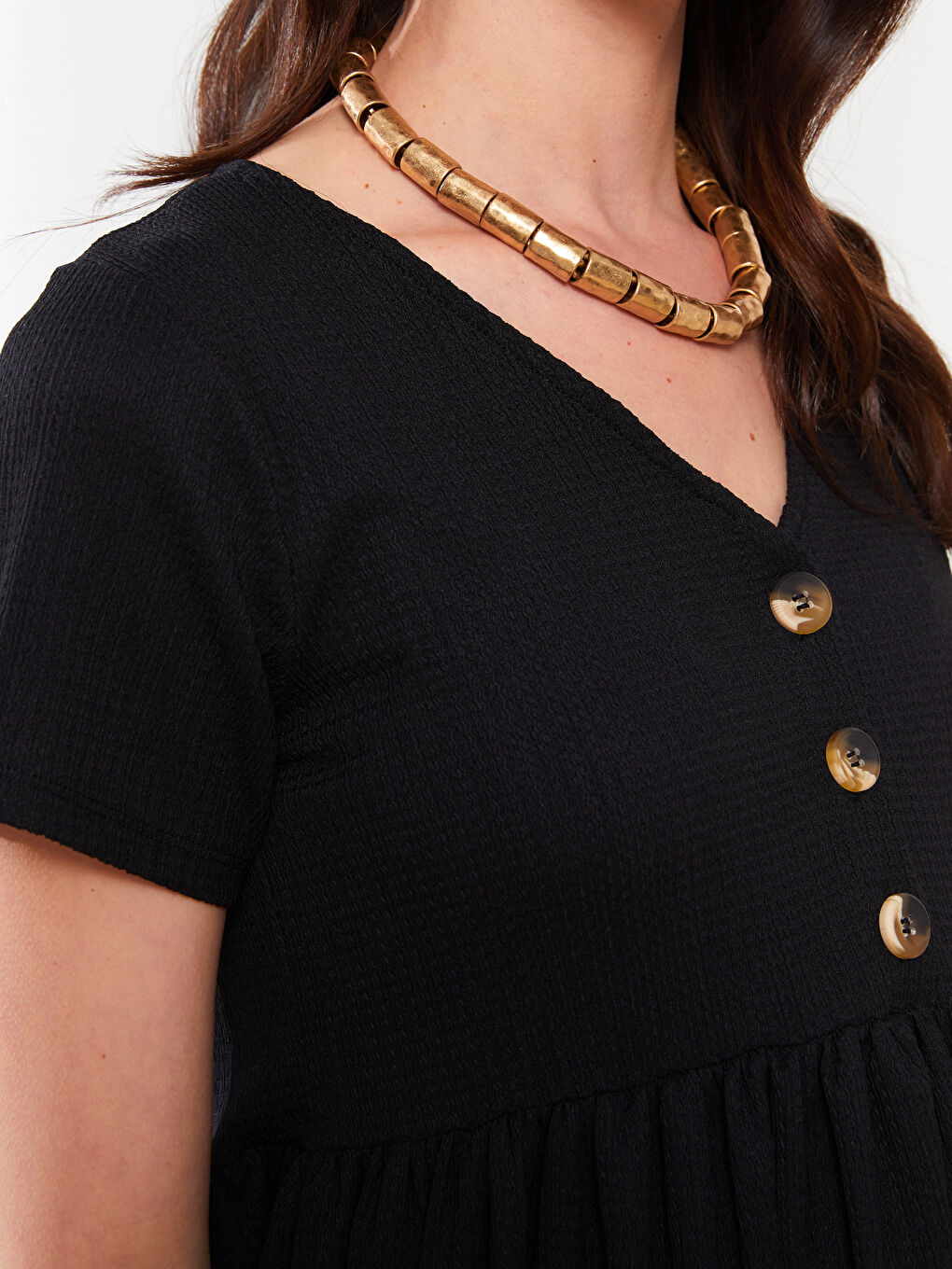 Siyah V Yaka Düz Kısa Kollu Krinkle Hamile Elbise-3