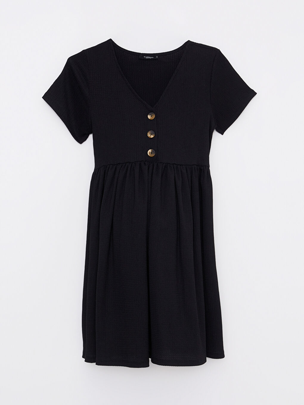 Siyah V Yaka Düz Kısa Kollu Krinkle Hamile Elbise-5