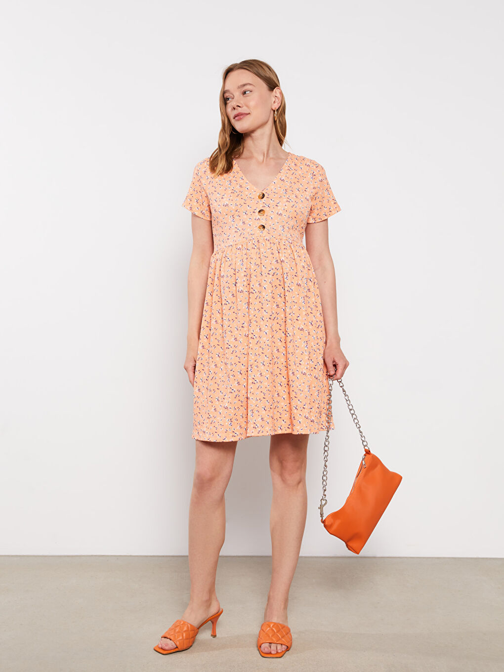 Mercan V Yaka Düz Kısa Kollu Krinkle Hamile Elbise-1