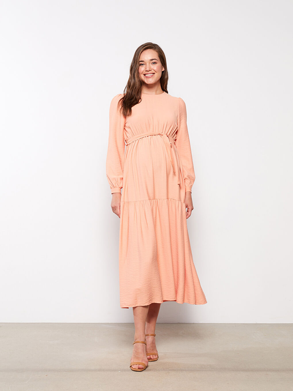 Mercan Bisiklet Yaka Düz Uzun Kollu Hamile Elbise