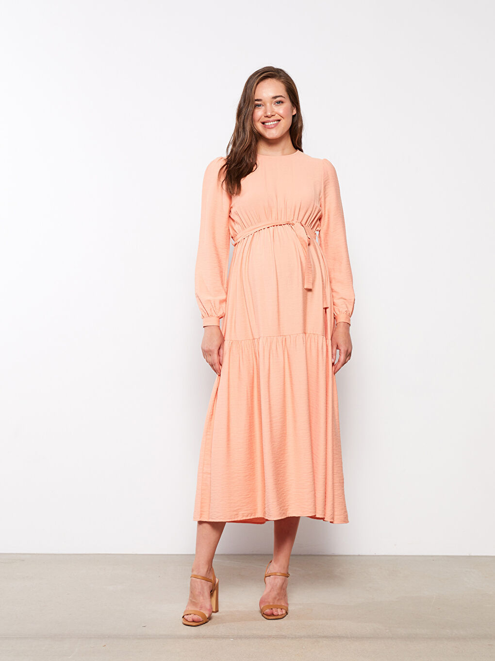 Mercan Bisiklet Yaka Düz Uzun Kollu Hamile Elbise-1