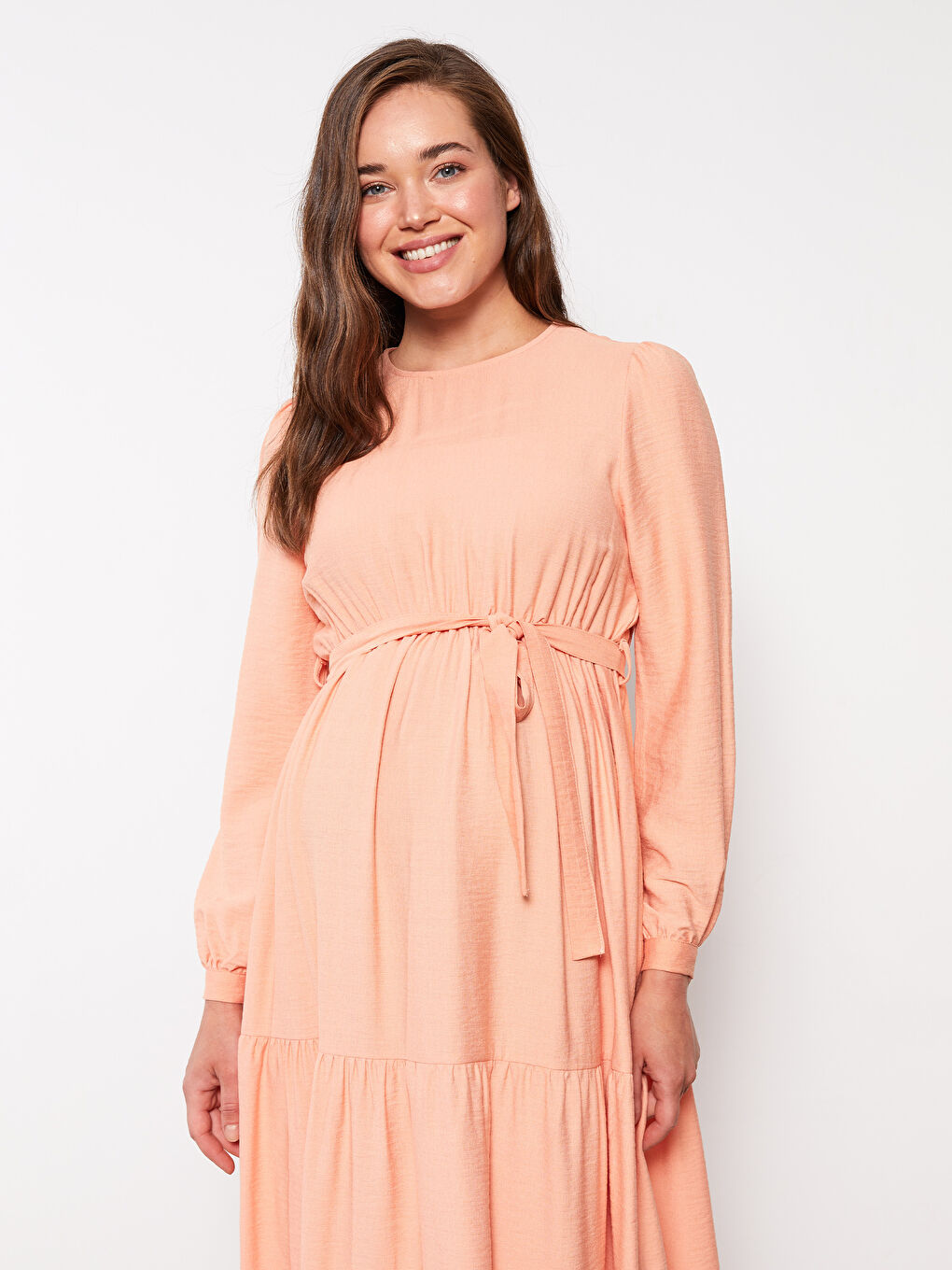 Mercan Bisiklet Yaka Düz Uzun Kollu Hamile Elbise-2