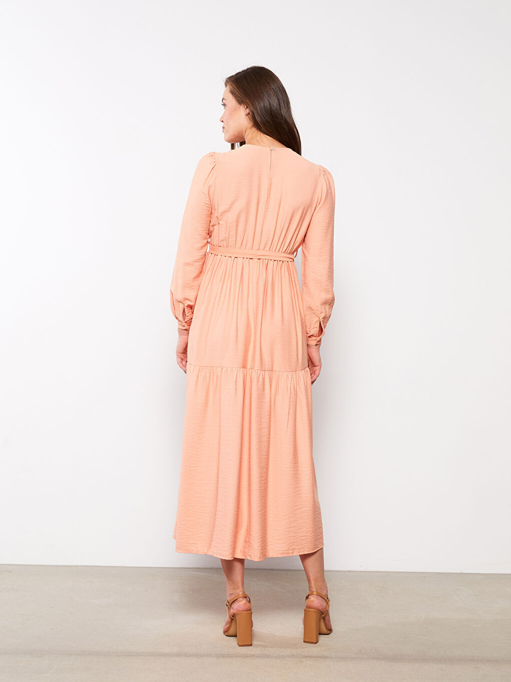 Mercan Bisiklet Yaka Düz Uzun Kollu Hamile Elbise-4