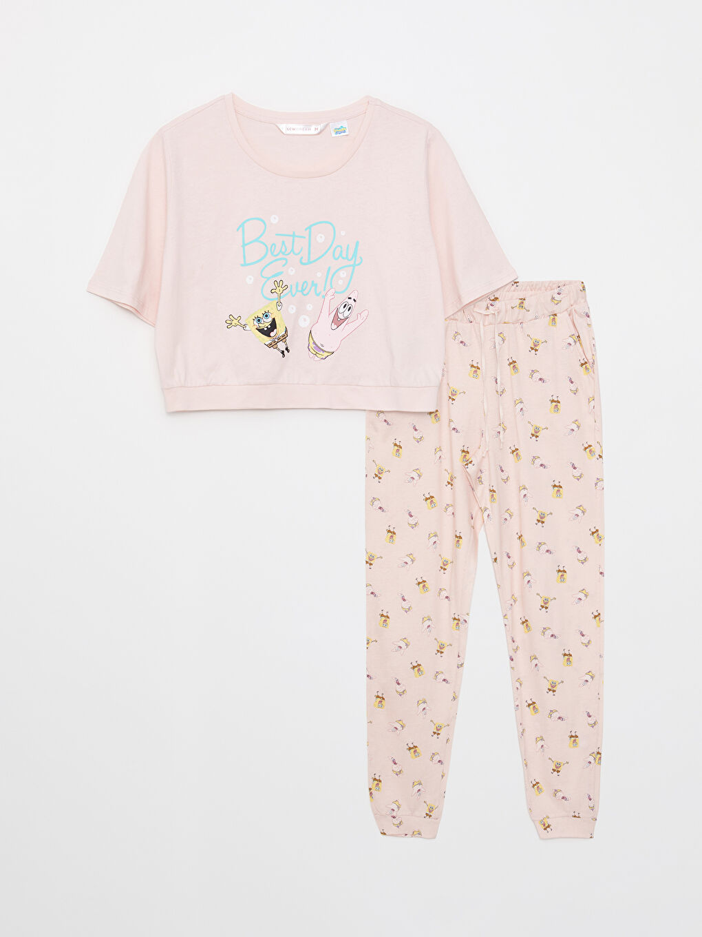 Set de pijamale din bumbac cu mânecă scurtă, imprimat SpongeBob, guler rotund, pentru femei-5