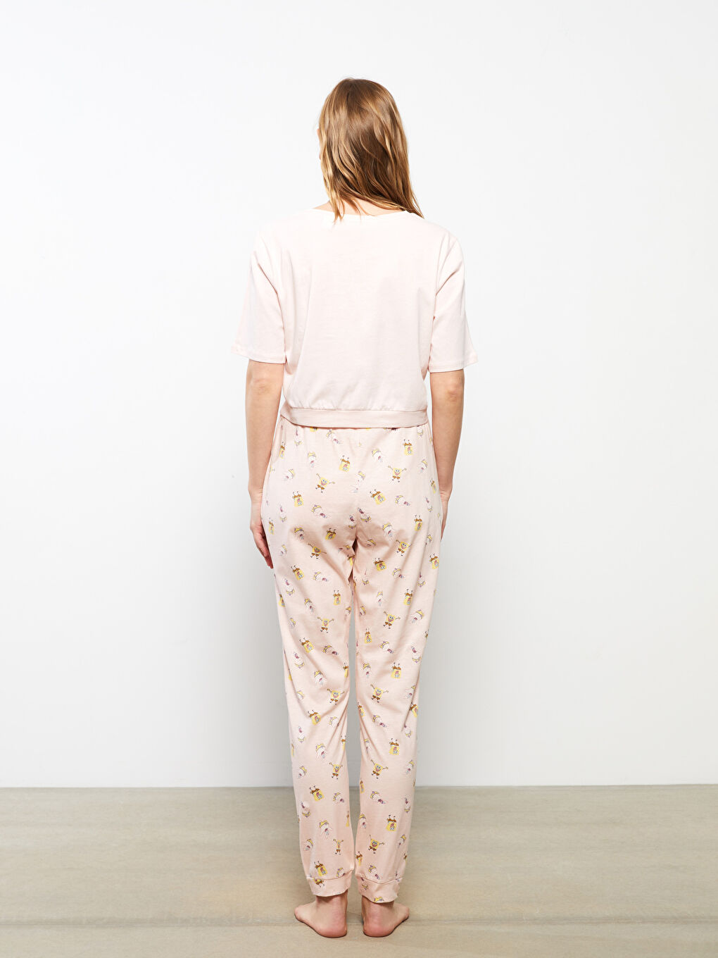 Set de pijamale din bumbac cu mânecă scurtă, imprimat SpongeBob, guler rotund, pentru femei-4