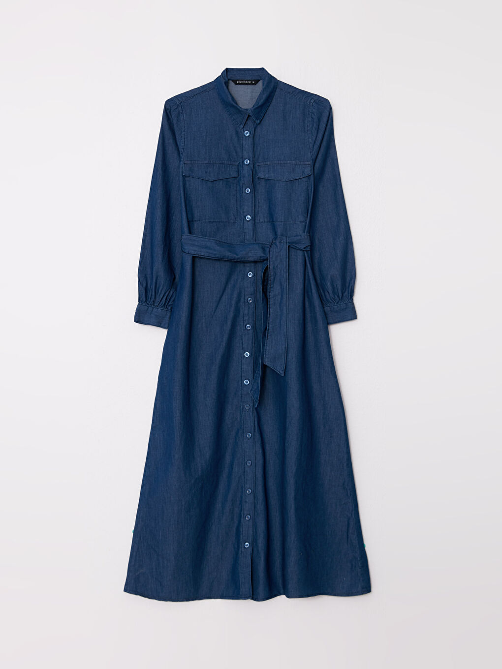 Collared Neck Plain Long Sleeve Women's Denim Dress-5