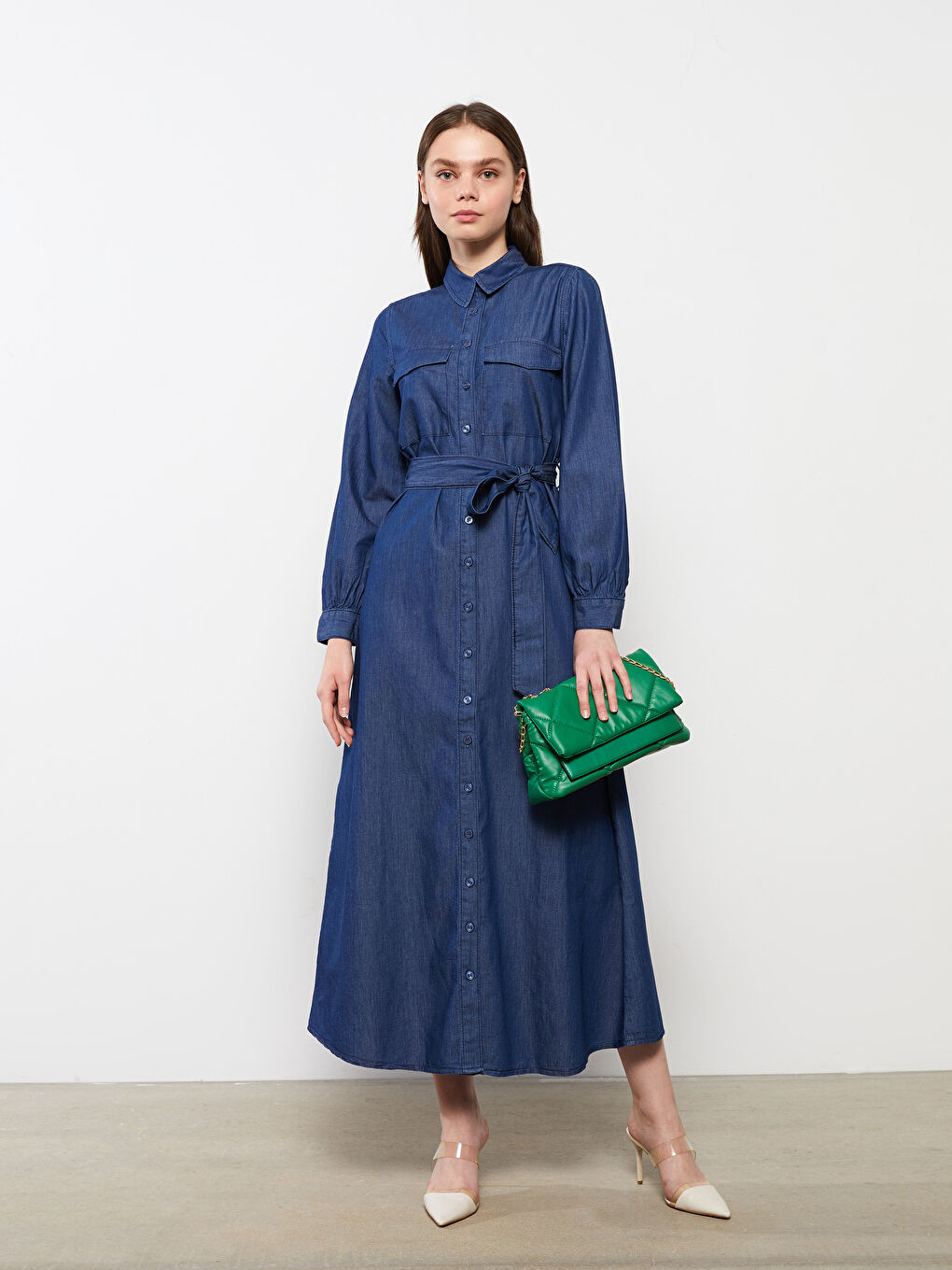 Collared Neck Plain Long Sleeve Women's Denim Dress