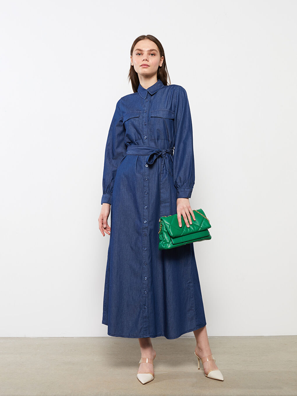 Collared Neck Plain Long Sleeve Women's Denim Dress-1