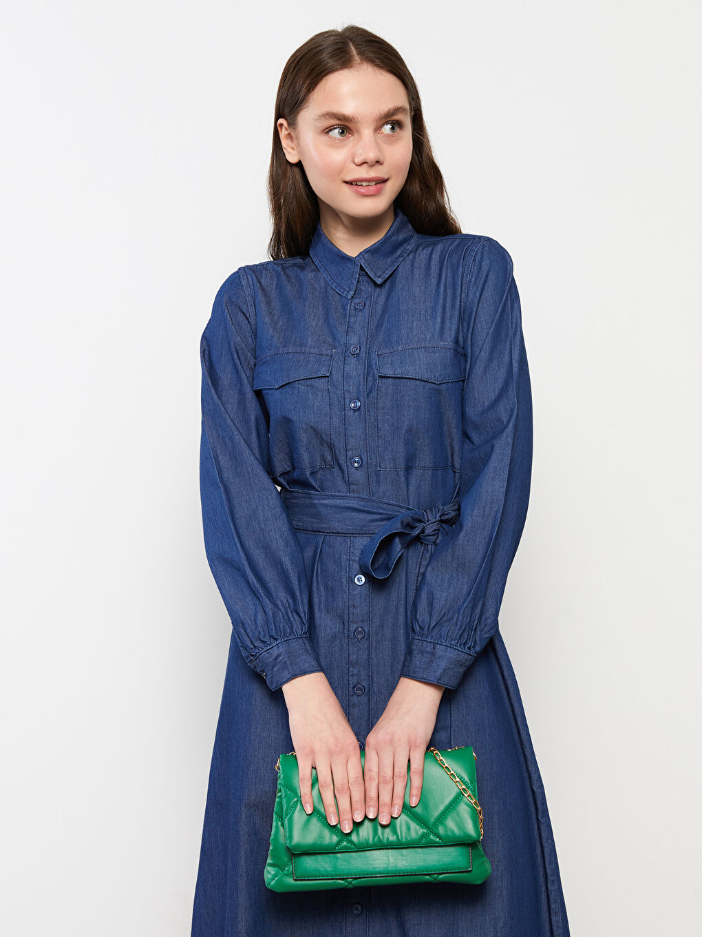 Collared Neck Plain Long Sleeve Women's Denim Dress-2