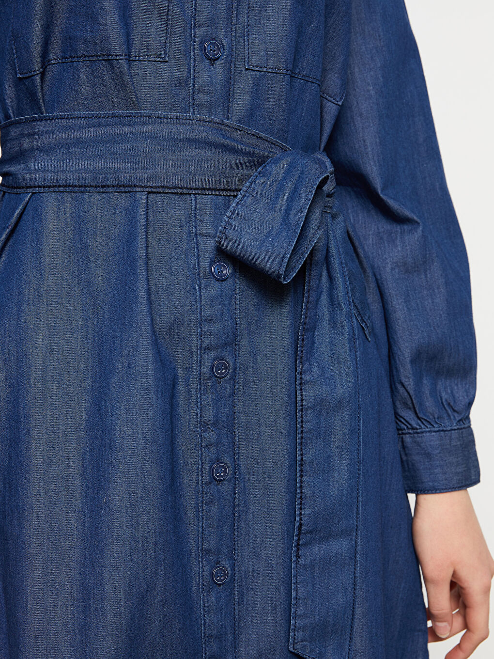 Collared Neck Plain Long Sleeve Women's Denim Dress-3