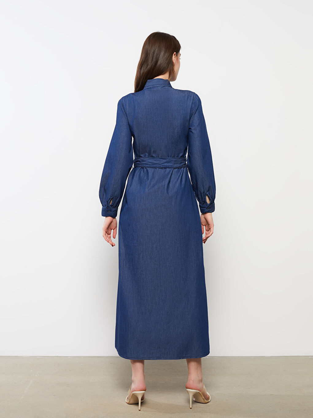 Collared Neck Plain Long Sleeve Women's Denim Dress-4