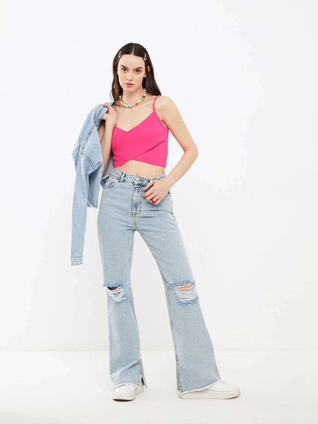 Fuşya Kadın V Yaka Düz Triko Crop