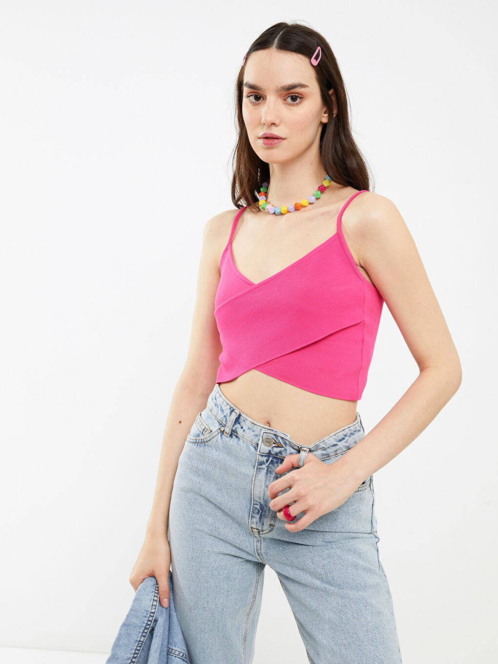 Fuşya Kadın V Yaka Düz Triko Crop-1