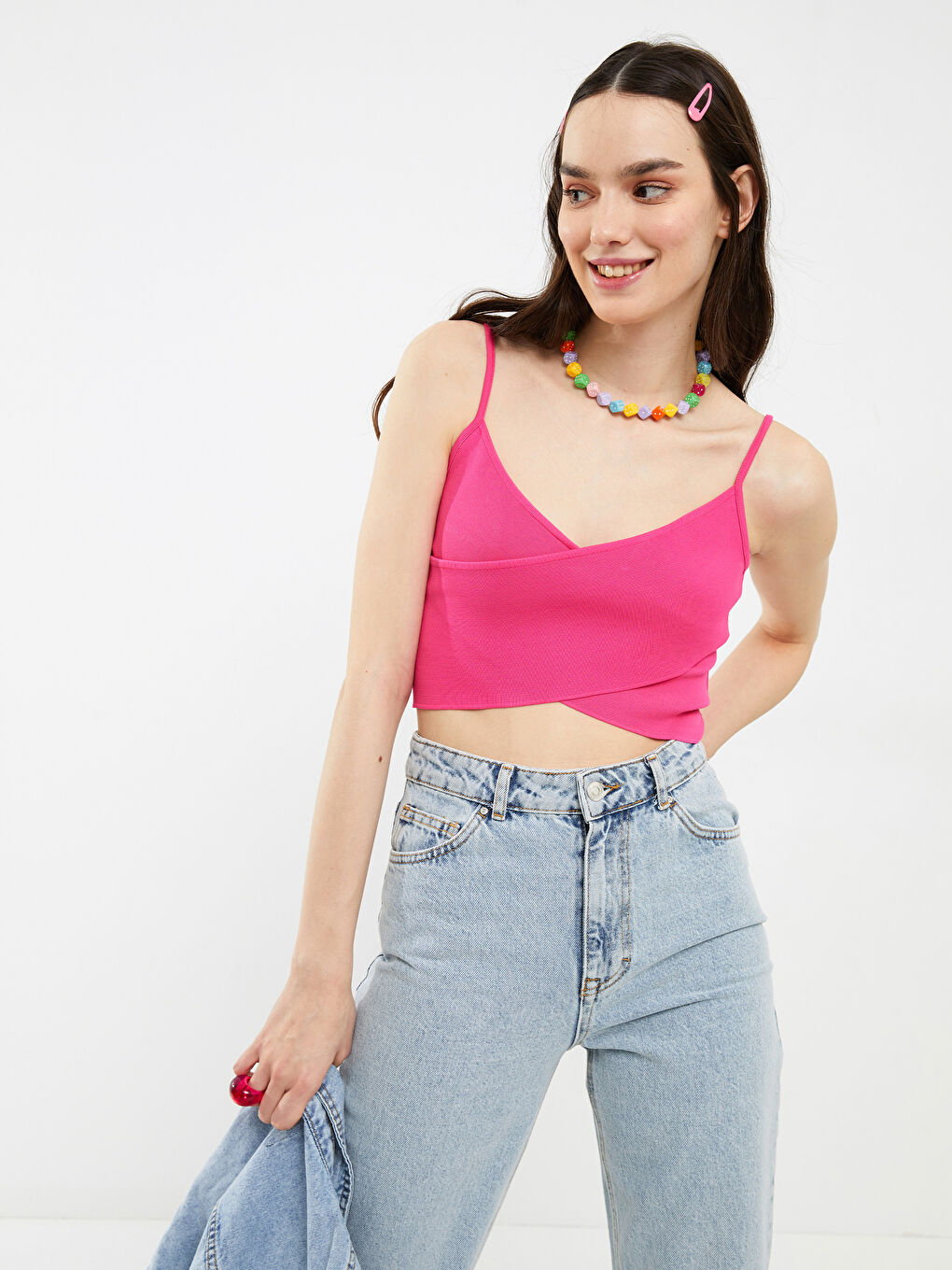 Fuşya Kadın V Yaka Düz Triko Crop-2