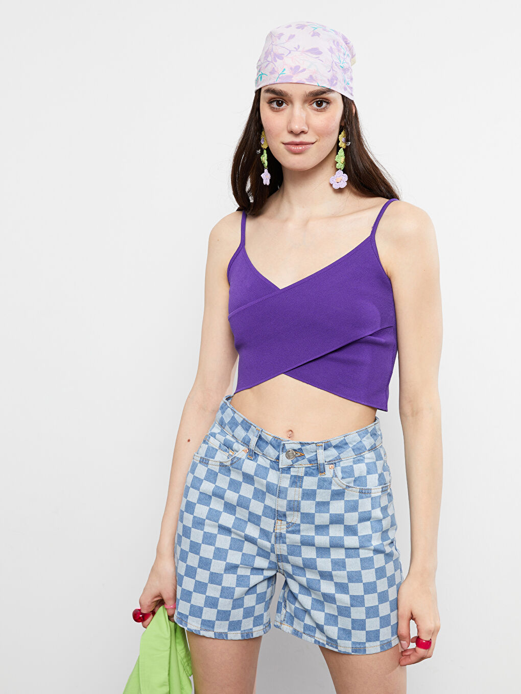 Mor Kadın V Yaka Düz Triko Crop-1