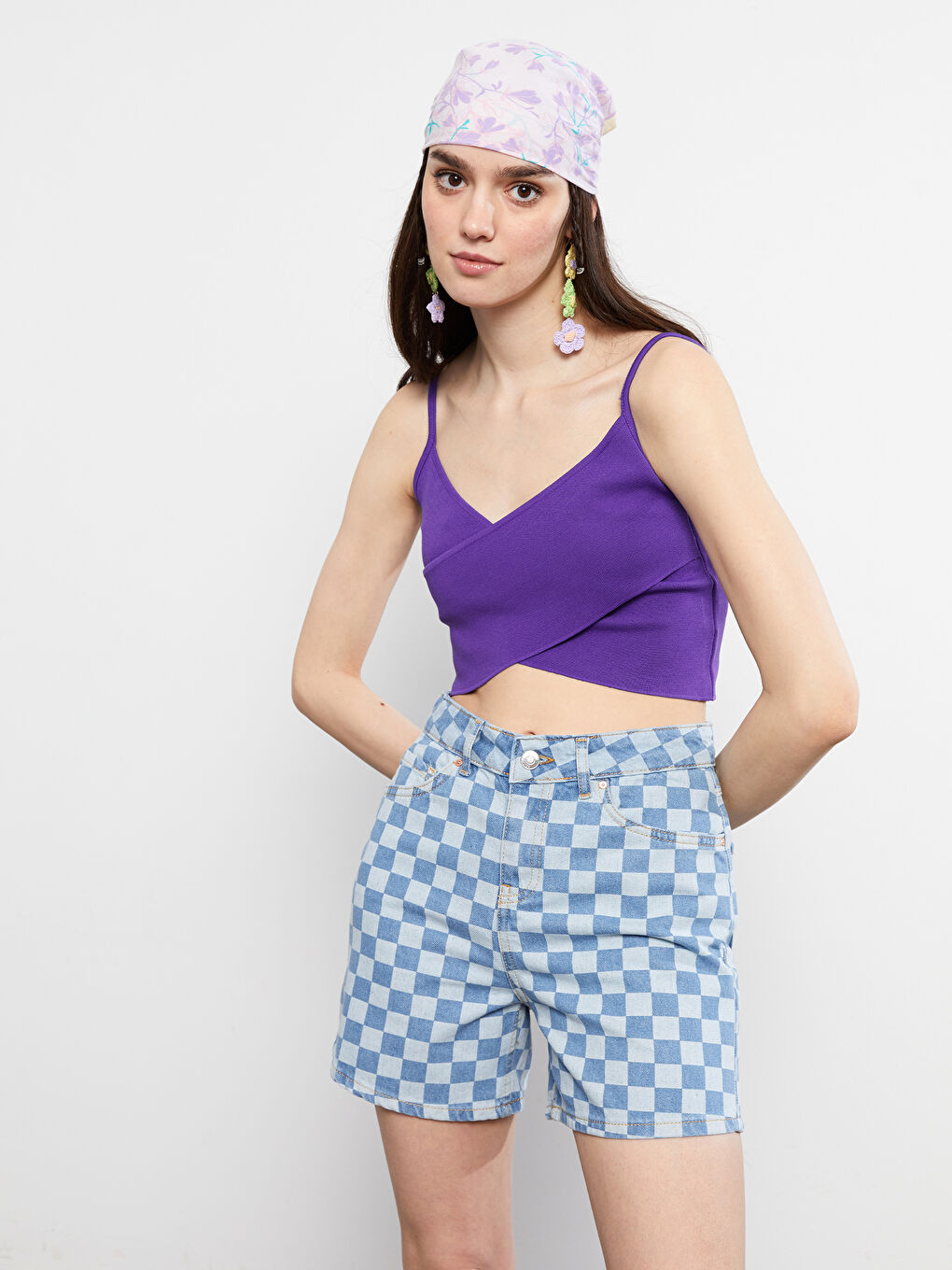 Mor Kadın V Yaka Düz Triko Crop-2