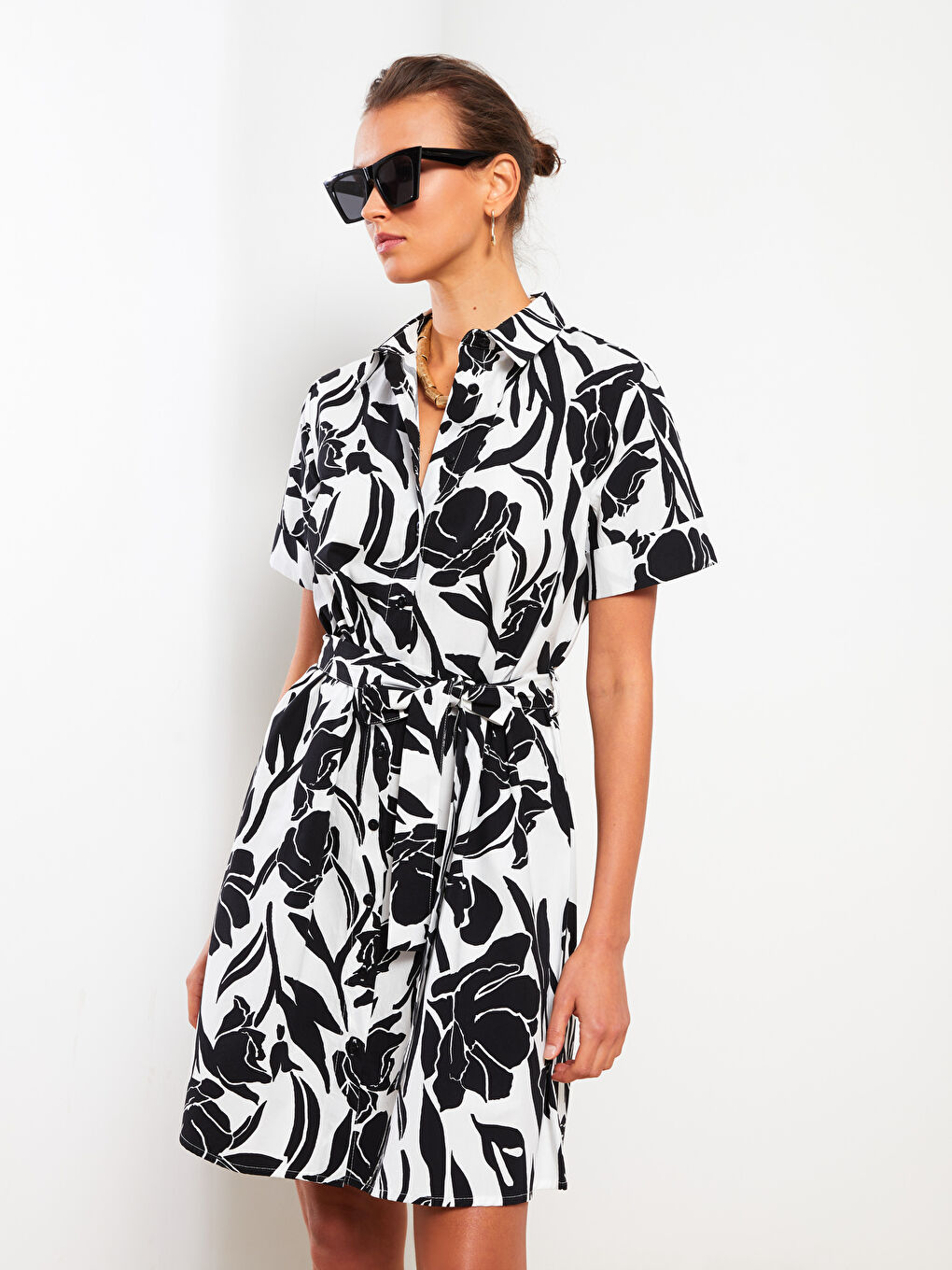 فستان قميص مُزهر بكم قصير بوبلين للسيدات-2