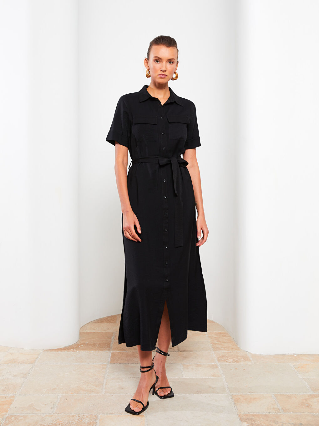 Siyah Düz Kısa Kollu Kadın Gömlek Elbise-1