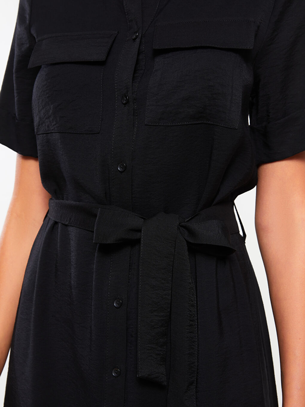 Siyah Düz Kısa Kollu Kadın Gömlek Elbise-2