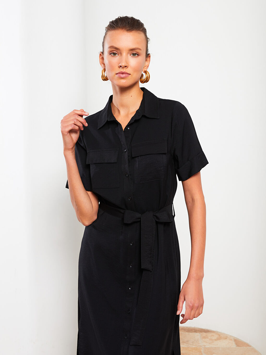 Siyah Düz Kısa Kollu Kadın Gömlek Elbise-3