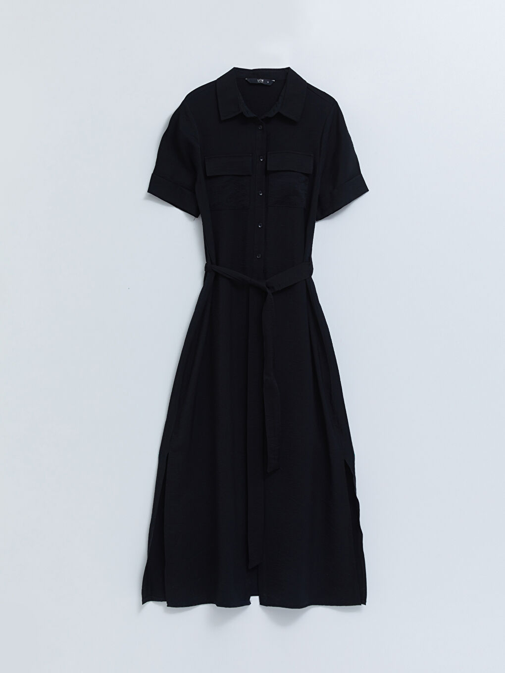 Siyah Düz Kısa Kollu Kadın Gömlek Elbise-5