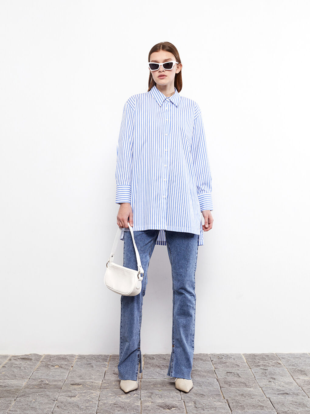 Mavi Çizgili Kadın Gömlek Tunik