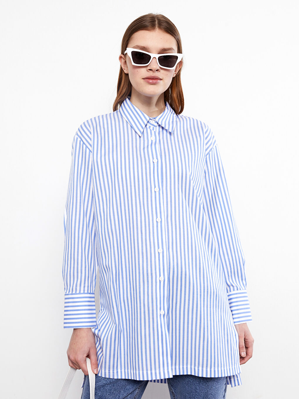 Mavi Çizgili Kadın Gömlek Tunik-1