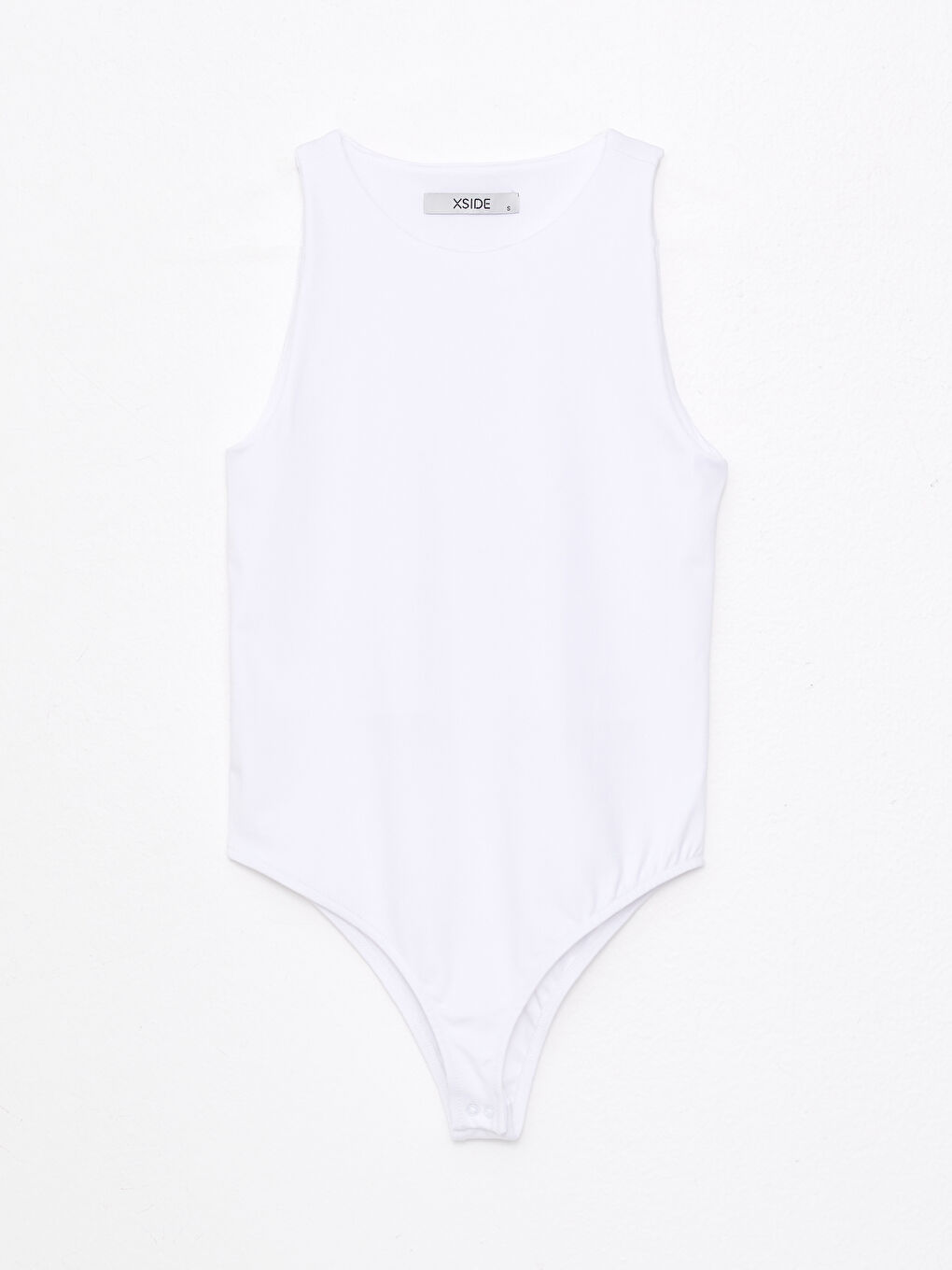 Beyaz Bisiklet Yaka Düz Kolsuz Çıt Çıtlı Kadın Bodysuit-5