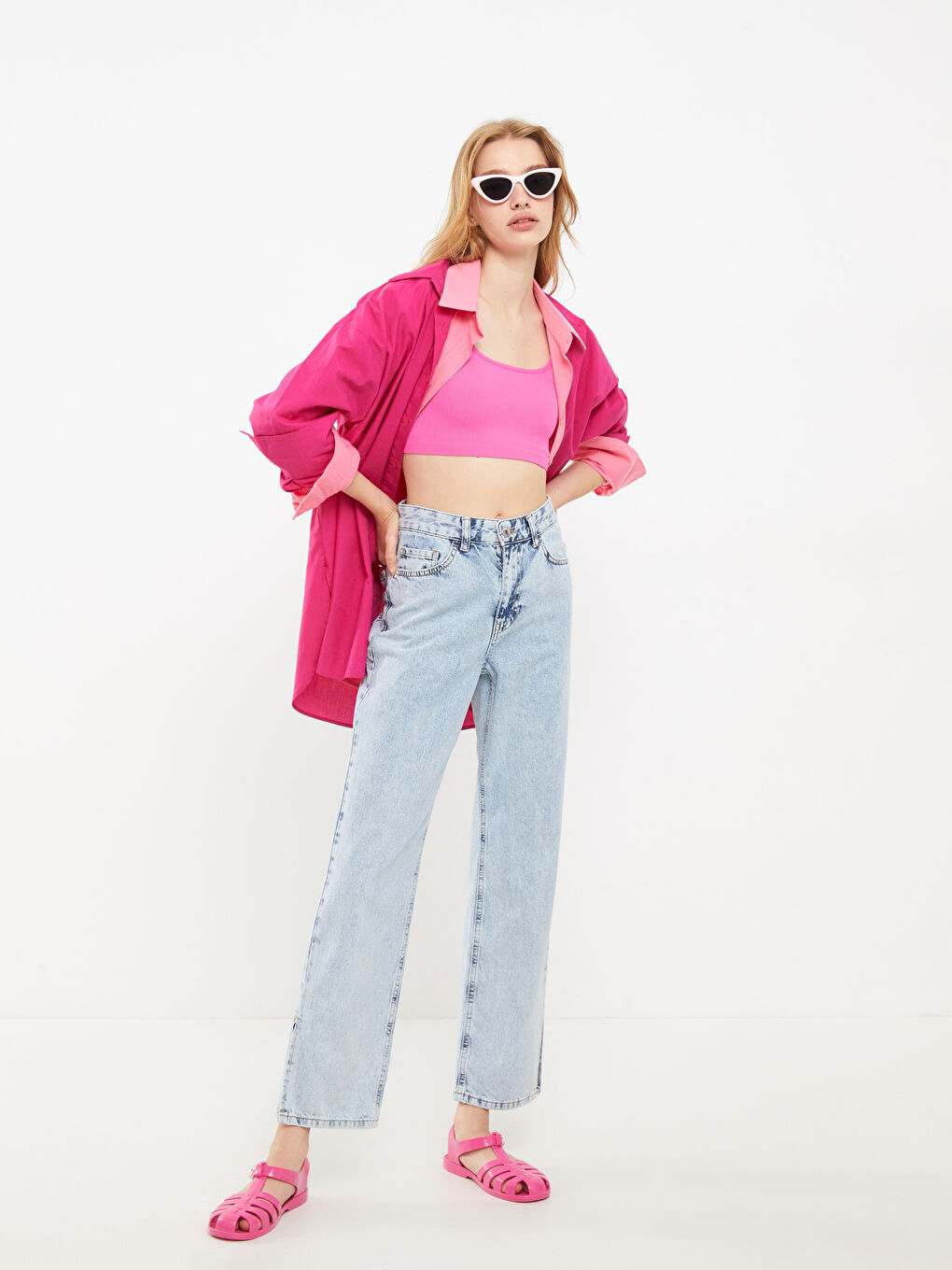 Дамски Дънки Rodeo с Висока Талия, Прав Модел, Прави Крачоли и Детайлни Джобове-2