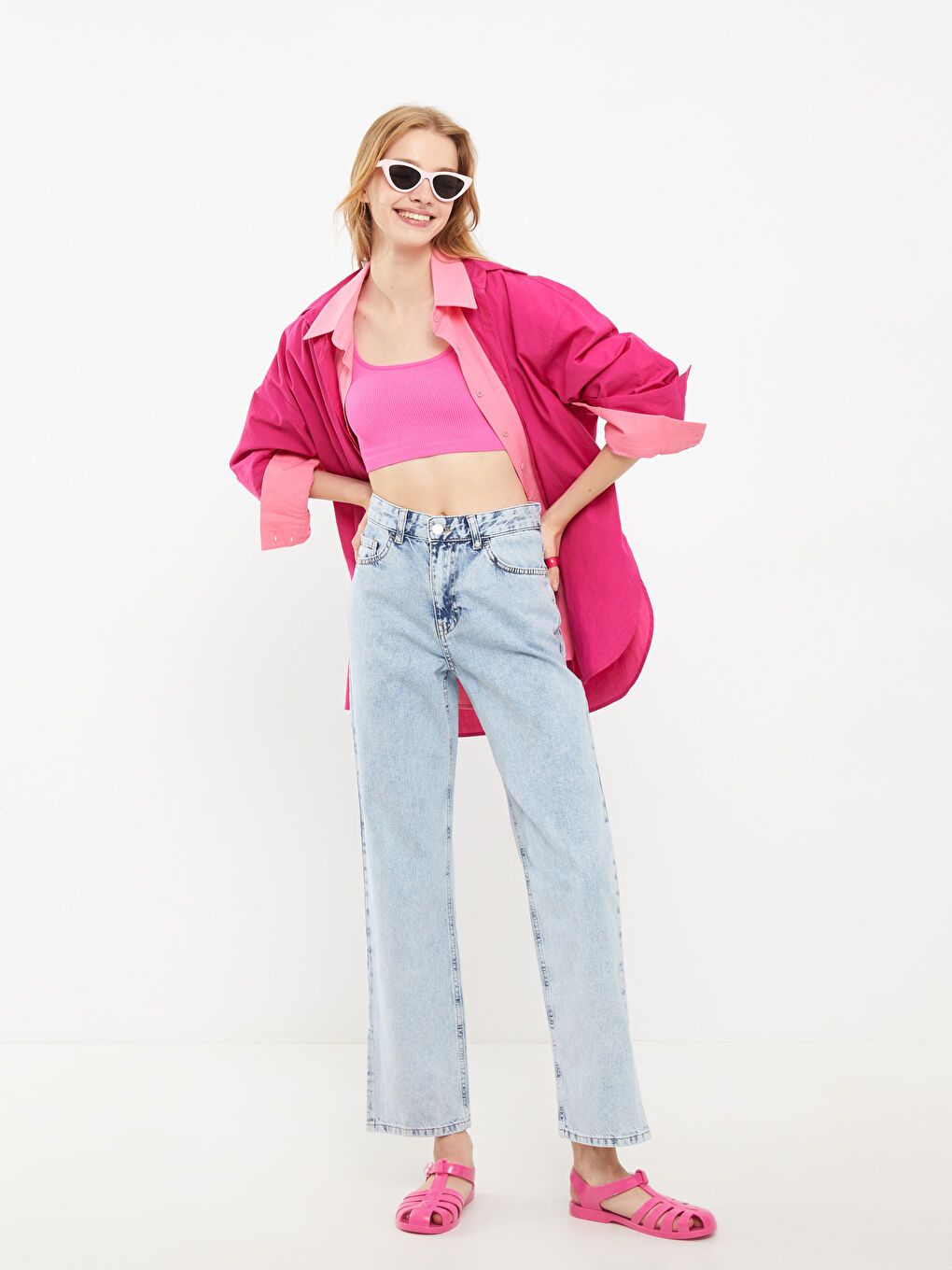 Дамски Дънки Rodeo с Висока Талия, Прав Модел, Прави Крачоли и Детайлни Джобове-3