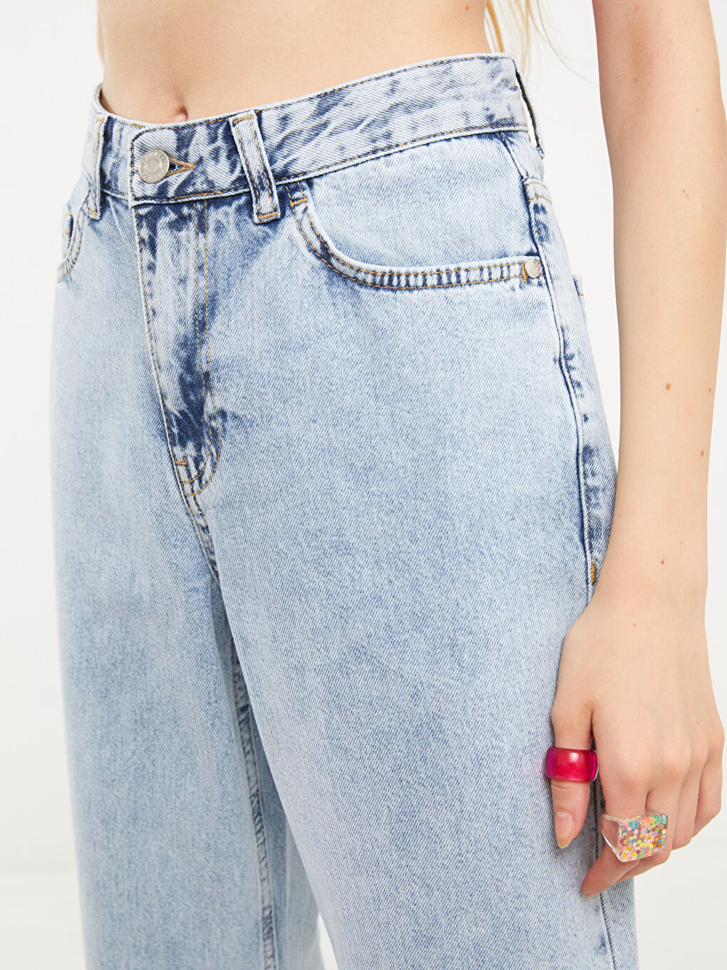 Дамски Дънки Rodeo с Висока Талия, Прав Модел, Прави Крачоли и Детайлни Джобове-6